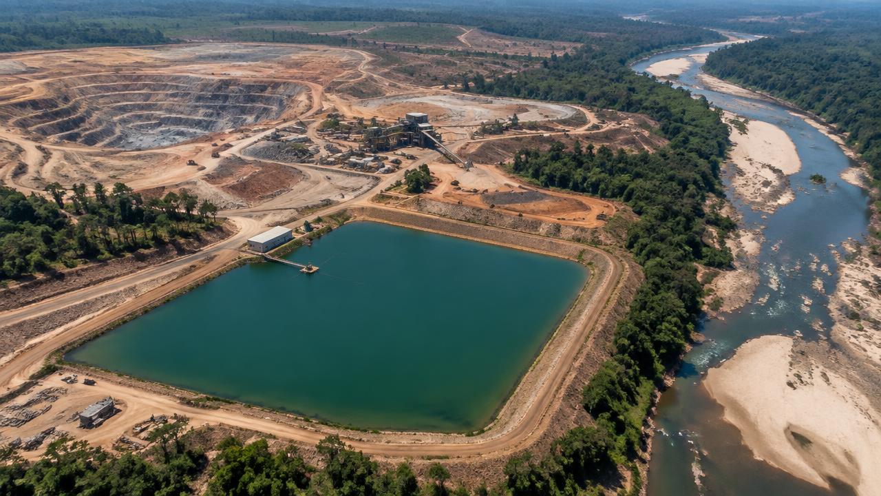 Vista aérea de un proyecto minero con reservorio de agua