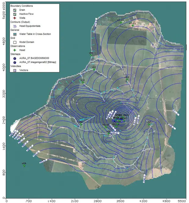 Vista 3D da área de mineração com drenagens em Mato Grosso