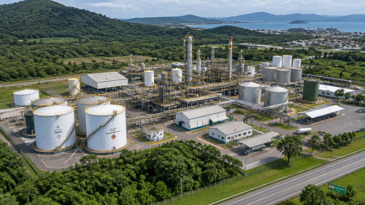 Vista aérea de planta da indústria química em Santa Catarina